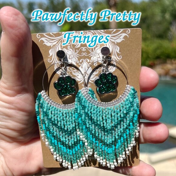 Handmade Beaded Long Fringe Paw Love Dangle Drop Lightweight Post Hoop Earrings - Picture 10 of 10